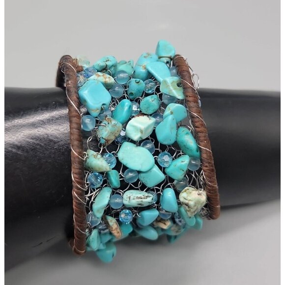 Chunky Turquoise Open Cuff Bracelet Wire Stitched Stones Handcrafted Size 7.5" - Picture 5 of 16